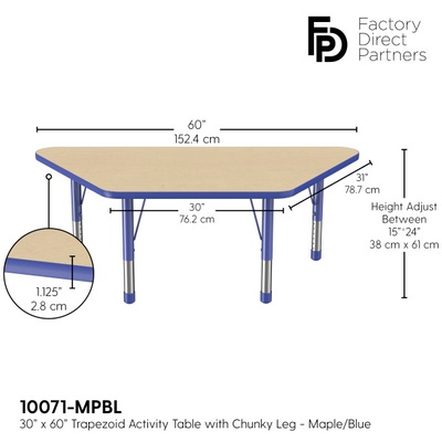 30" x 60" Trapezoid T-Mold Adjustable Activity Table with Chunky Leg - Maple Top