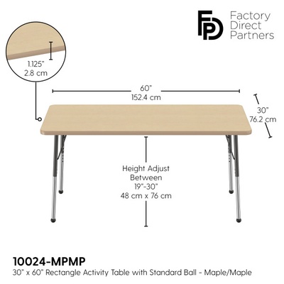30" x 60" Rectangle T-Mold Adjustable Activity Table - Maple Top/Standard Leg