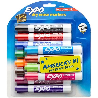 Expo® Low Odor Dry Erase Markers, Chisel Tip, 12-color set