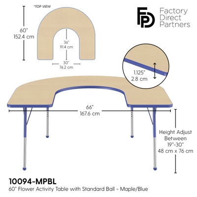 60" x 66" Horseshoe T-Mold Adjustable Activity Table with Standard Ball-Maple Top