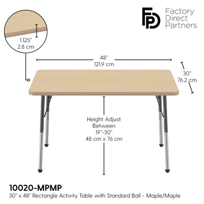 30" x 48" Rectangle T-Mold Adjustable Activity Table - Maple Top/Standard Leg