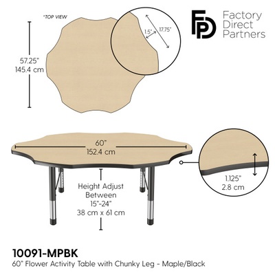 60" Flower T-Mold Adjustable Activity Table with Chunky Leg-Maple Top